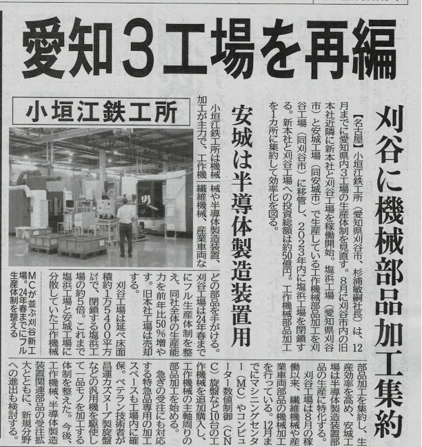 日刊工業新聞に掲載されました - 小垣江鉄工所